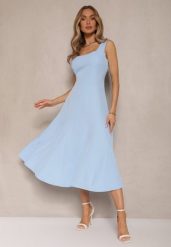 Niebieska Rozkloszowana Sukienka w Klasycznym Stylu Deslene. Niebieskie sukienki damskie Renee, na co dzień, l, bez wzorów, eleganckie, bez kołnierzyka, bez ramiączek, midi, proste. Za 109.99 zł.