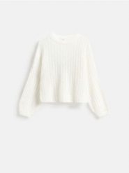 Sweter z bufiastymi rękawami - złamana biel. Swetry damskie Reserved, l, bez wzorów, z dzianiny, bez kołnierzyka, bez ramiączek, bez kaptura. Za 109.99 zł.