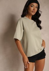 Ciemnobeżowy Basicowy T-shirt z Bawełny Meranissea. Brązowe bluzki damskie Renee, bez wzorów, z bawełny, bez kołnierzyka. Za 69.99 zł.
