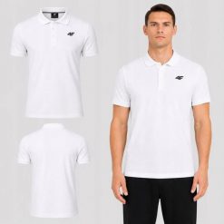 KOSZULKA POLO MĘSKA SPORTOWA 4F BAWEŁNIANA BIAŁA M0771 SS26. Białe koszulki polo męskie 4f, m, bez wzorów, z bawełny, bez kołnierzyka, bez ramiączek, na fitness i siłownię. Za 89.99 zł.