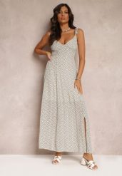Zielono-Biała Rozkloszowana Sukienka Maxi z Ozdobnymi Ramiączkami i Głębokim Dekoltem z Wiskozy Jesa. Zielone sukienki damskie Renee, l, bez wzorów, z wiskozy, bez kołnierzyka, bez ramiączek, maxi, rozkloszowane. Za 109.99 zł.