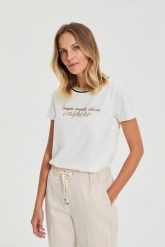 Bluzka z napisem biała. Białe bluzki damskie MOODO, l, bez wzorów, z bawełny, bez kołnierzyka, bez ramiączek. Za 59.99 zł.