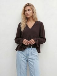 Wiskozowa bluzka twill z koronkowym wykończeniem - brązowy. Brązowe bluzki damskie Sinsay, l, bez wzorów, z koronki, bez kołnierzyka, bez ramiączek. Za 39.99 zł.