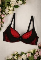 Czarno-Czerwony Koronkowy Biustonosz Push Up w Kropki Frees. Czarne biustonosze Born2be, bez wzorów, z koronki. Za 34.99 zł.