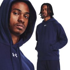 Bluza fitness męska UNDER ARMOUR Rival Fleece Hoodie z kapturem. Niebieskie bluzy męskie Under Armour, m, bez wzorów, z kapturem, na fitness i siłownię. Za 244.00 zł.