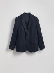 Lniana marynarka regular fit - granatowy. Niebieskie marynarki męskie Reserved, bez wzorów. W wyprzedaży za 259.99 zł.