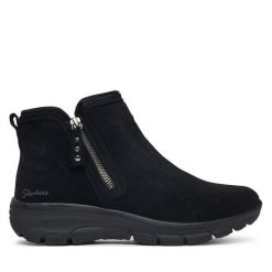 Botki Skechers. Czarne botki damskie Skechers, bez obcasa, na płaskiej podeszwie, bez zapięcia. Za 399.99 zł.