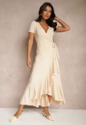 Beżowa Sukienka o Kopertowym Fasonie z Falbankami Zleffia. Brązowe sukienki damskie Renee, na co dzień, na lato, l, bez wzorów, eleganckie, bez kołnierzyka, bez ramiączek, maxi, kopertowe. Za 119.99 zł.
