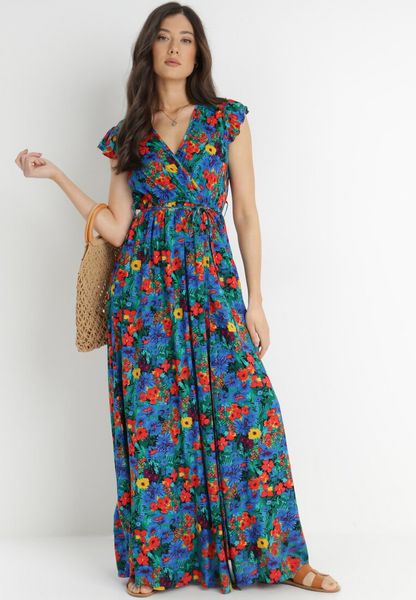 Niebieska Sukienka Oceshi. Niebieskie sukienki damskie Born2be, na imprezę, na lato, l, bez wzorów, z materiału, bez kołnierzyka, bez ramiączek, maxi, kopertowe. Za 89.99 zł.