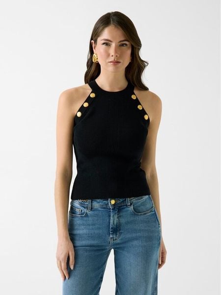 Guess Bluzka G6GR10 Z0625 Czarny Regular Fit. Czarne bluzki damskie Guess, xl, z aplikacjami, bez kołnierzyka, bez ramiączek. Za 519.99 zł.