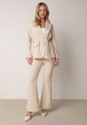 Beżowy Komplet Garniturowy Marynarka z Wiązanym Paskiem i Spodnie Falloria. Brązowe żakiety damskie Born2be, m, bez wzorów. Za 199.99 zł.