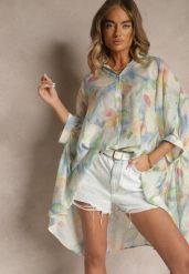 Niebieska Koszula z Bawełną w Kwiatowy Wzór Linetiela. Niebieskie bluzki damskie Renee, na lato, bez wzorów, z bawełny, eleganckie, bez kołnierzyka, bez ramiączek. Za 74.99 zł.