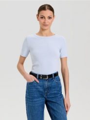 Bawełniana koszulka basic - niebieski. Niebieskie t-shirty damskie Sinsay, l, bez wzorów, z bawełny, bez kołnierzyka. Za 19.99 zł.