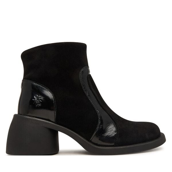 Botki Fly London. Czarne botki damskie Fly London, bez obcasa, na słupku, bez zapięcia. Za 749.99 zł.