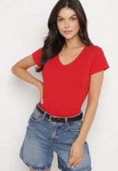 Czerwony T-shirt z Bawełny z Dekoltem w Serek Liniviela. Czerwone bluzki damskie Born2be, l, bez wzorów, z bawełny, bez kołnierzyka. Za 39.99 zł.