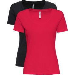 Shirt w prążek z dekoltem w serek (2 szt. w opak.) bonprix czerwony + czarny. Bluzki damskie marki bonprix. Za 45.98 zł.