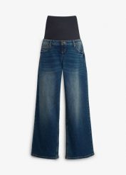 Jeansy ciążowe z bawełny organicznej, wide leg. Brązowe jeansy damskie bonprix, moda ciążowa. Za 189.99 zł.