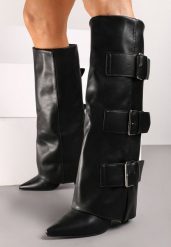 Czarne Kozaki na Obcasie w Rockowym Stylu z Wywiniętą Cholewką Ozdobione Klamrami Navala. Czarne kozaki damskie Born2be, z jeansu, bez obcasa, na obcasie. Za 179.99 zł.