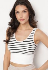 Biało-Czarny Tank Top w Paski z Prążkowanej Tkaniny Sesillia. Białe bluzki damskie Born2be, s, bez wzorów, z jeansu, eleganckie, bez kołnierzyka, bez ramiączek. Za 24.99 zł.