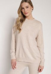 Beżowy Casualowy Sweter z Wełną i Bawełną Nedalla. Brązowe swetry damskie Born2be, bez wzorów, z bawełny, biznesowe, bez kołnierzyka, bez ramiączek, długie, bez kaptura. Za 59.99 zł.