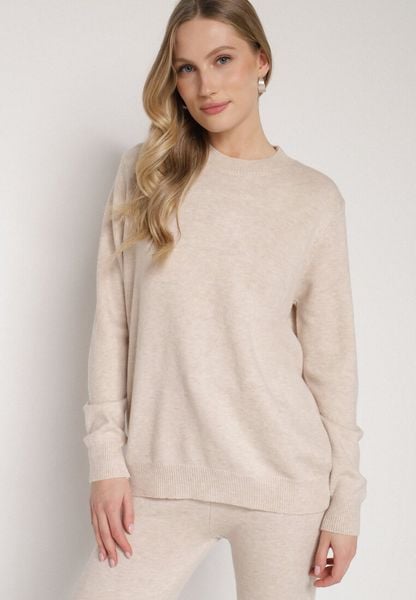 Beżowy Casualowy Sweter z Wełną i Bawełną Nedalla. Brązowe swetry damskie Born2be, bez wzorów, z bawełny, biznesowe, bez kołnierzyka, bez ramiączek, długie, bez kaptura. Za 59.99 zł.