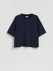 T-shirt boxy z efektem sprania - granatowy. Niebieskie t-shirty męskie Reserved, l, bez wzorów, z bawełny, bez kołnierzyka. Za 79.99 zł.