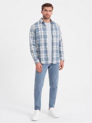 Spodnie męskie jeansowe bez przetarć SLIM FIT - niebieskie V3 - Rozmiar: M. Niebieskie spodnie sportowe męskie Ombre Clothing, m, bez wzorów, z bawełny. W wyprzedaży za 59.99 zł.
