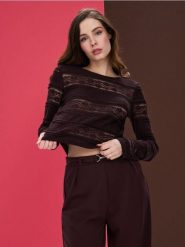 Ażurowa bluzka - brązowy. Brązowe bluzki damskie Sinsay, l, w ażurowe wzory, bez kołnierzyka, bez ramiączek. Za 35.99 zł.