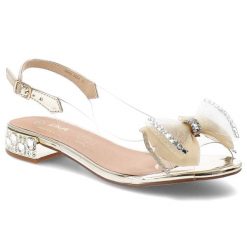 Sandały damskie S.Barski, z przezroczystym paskiem ozdobna kokarda pasek z regulacją niski obcas elegancki styl, złote, MR61-9004. Żółte klapki damskie S.BARSKI, z aplikacjami, bez obcasa, na obcasie, bez zapięcia. Za 199.00 zł.