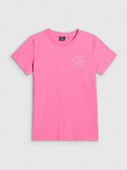 4F T-shirt regular z nadrukiem damski - różowy XL. Czerwone t-shirty damskie 4f, xl, bez wzorów, z bawełny, klasyczne, bez kołnierzyka. Za 59.99 zł.