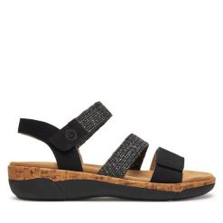 Sandały Remonte. Czarne sandały damskie Remonte, bez wzorów, bez obcasa, na koturnie, bez zapięcia. Za 279.99 zł.