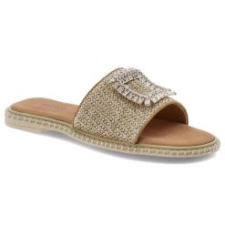Brązowe Klapki Artiker Modne Obuwie Damskie Z Cyrkoniami. Brązowe klapki damskie Artiker, z aplikacjami, z jeansu, eleganckie, bez obcasa. Za 129.00 zł.