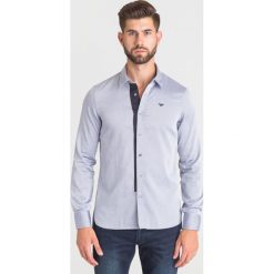 NIEBIESKA KOSZULA EMPORIO ARMANI. Niebieskie koszule męskie Emporio Armani, l, bez wzorów, bez kołnierzyka, bez ramiączek. Za 334.50 zł.