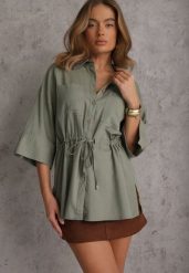 Zielona Koszula z Lnem Bawełną i Szerokimi Rękawami Moontwist. Zielone bluzki damskie Renee, m, bez wzorów, z bawełny, casualowe, bez kołnierzyka, bez ramiączek. Za 139.99 zł.