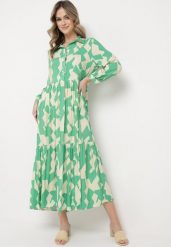 Zielono-Beżowa Rozkloszowana Sukienka Maxi Koszulowa z Geometrycznym Wzorem Pholimena. Zielone sukienki damskie Born2be, na co dzień, l, bez wzorów, bez kołnierzyka, bez ramiączek, maxi, koszulowe. Za 84.99 zł.