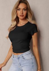 Czarny T-shirt Prążkowany o Dopasowanym Kroju z Marszczeniami Hermioa. Czarne bluzki damskie Renee, m, bez wzorów, z jeansu, bez kołnierzyka. Za 39.99 zł.