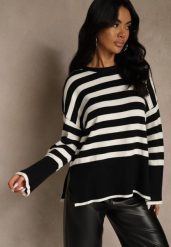 Czarno-Biały Sweter Oversize w Paski Kalitusa. Białe swetry damskie Renee, bez wzorów, z jeansu, casualowe, bez kołnierzyka, bez ramiączek, bez kaptura. Za 64.99 zł.