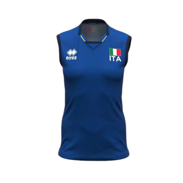 Koszulka domowa bez rękawów damska Italie 2024/25. Niebieskie koszulki sportowe damskie ERREA, bez wzorów, bez kołnierzyka, bez ramiączek, do siatkówki. Za 394.00 zł.