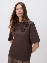 T-shirt z merceryzowanej bawełny - ciemnobrązowy. Brązowe t-shirty damskie Reserved, l, bez wzorów, z bawełny, bez kołnierzyka. Za 89.99 zł.
