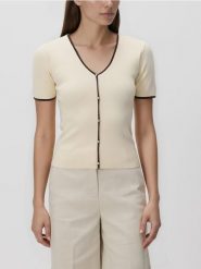 Sweter z kontrastową lamówką - kremowy. Białe swetry damskie Reserved, l, bez wzorów, z bawełny, bez kołnierzyka, bez ramiączek, bez kaptura. Za 99.99 zł.