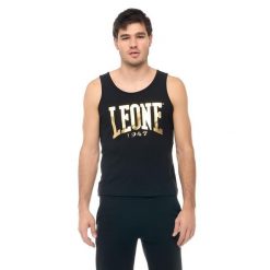Męski top bez rękawów Leone 1947 Apparel z dużym złotym logo. Na trening. Czarne koszulki sportowe męskie LEONE 1947 APPAREL, m, bez wzorów, z bawełny, bez kołnierzyka, bez ramiączek, do biegania. Za 54.73 zł.