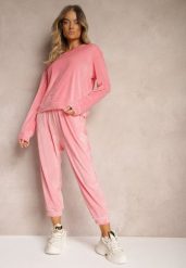 Jasnoróżowy Komplet Dresowy z Weluru Luźna Bluza z Dekoltem w V i Elastyczne Spodnie z Kieszeniami Esparkia. Czerwone bluzy damskie Renee, l, bez wzorów, z dresówki. Za 89.99 zł.