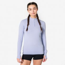 Koszulka do biegania z długim rękawem damska Kiprun Run Flow Warm 1/2 zip. Fioletowe koszulki sportowe damskie KIPRUN, l, bez wzorów, z materiału, bez kołnierzyka, bez ramiączek, do biegania. Za 119.99 zł.