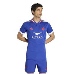 Autentyczny Strój Domowy Francji 2025/26. Niebieskie koszulki sportowe męskie Adidas, bez wzorów, bez kołnierzyka, bez ramiączek. Za 614.50 zł.