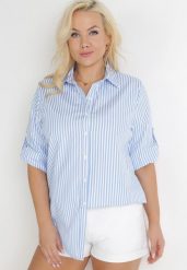 Niebieska Koszula z Kołnierzem i Podpinanymi Rękawami w Paski Cilkey. Niebieskie bluzki damskie Born2be, na lato, l, bez wzorów, z jeansu, eleganckie, bez kołnierzyka, plus size, bez ramiączek. Za 74.99 zł.