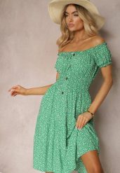 Zielona Kwiecista Sukienka z Bawełny z Gumkami w Pasie Herata. Zielone sukienki damskie Renee, na wiosnę, bez wzorów, z bawełny, bez ramiączek, krótkie. Za 39.99 zł.