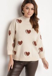 Jasnobeżowy Sweter z Modalem i Wiskozą w Serca Zeanita. Brązowe swetry damskie Born2be, m, bez wzorów, z jeansu, eleganckie, bez kołnierzyka, bez ramiączek, bez kaptura. Za 109.99 zł.