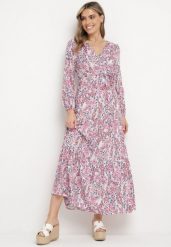 Biało-Różowa Wiskozowa Sukienka z Kopertowym Dekoltem i Materiałowym Paskiem z Gumką w Pasie Fiarina. Czerwone sukienki damskie Born2be, na imprezę, l, bez wzorów, z materiału, klasyczne, bez kołnierzyka, bez ramiączek, maxi, kopertowe. Za 59.99 zł.
