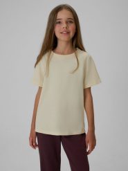 4F T-shirt regular gładki dziewczęcy - kremowy 134 (8-9 lat). Brązowe t-shirty i topy dla dziewczynek 4f, bez wzorów, z bawełny, bez ramiączek. Za 29.99 zł.