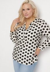 Biała Koszula z Wiskozą w Kropki z Regulowanymi Rękawami Zerriana. Białe bluzki damskie Born2be, xl, bez wzorów, z jeansu, eleganckie, bez kołnierzyka, bez ramiączek. Za 79.99 zł.